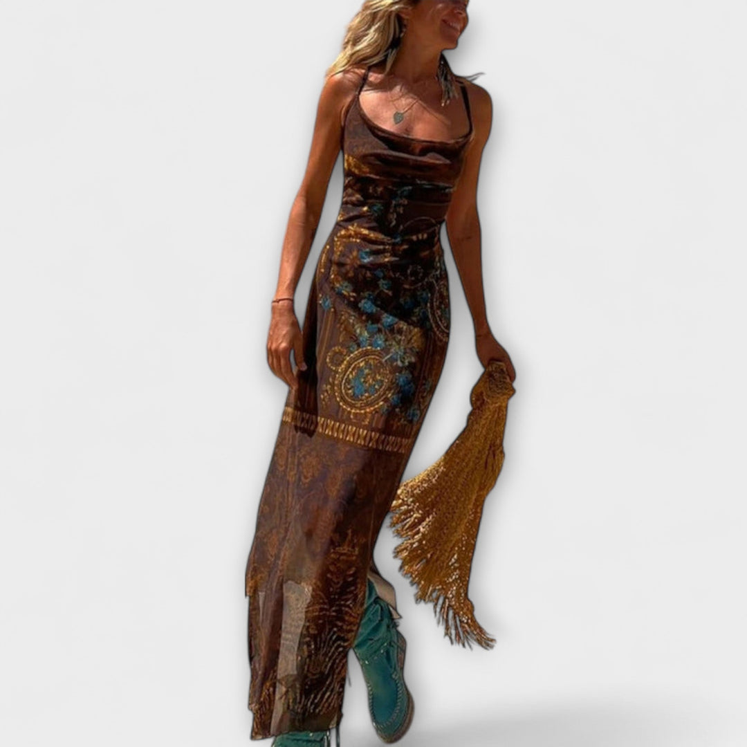 Poplatek - Unikátní Midi Šaty s Límcem Hnědá