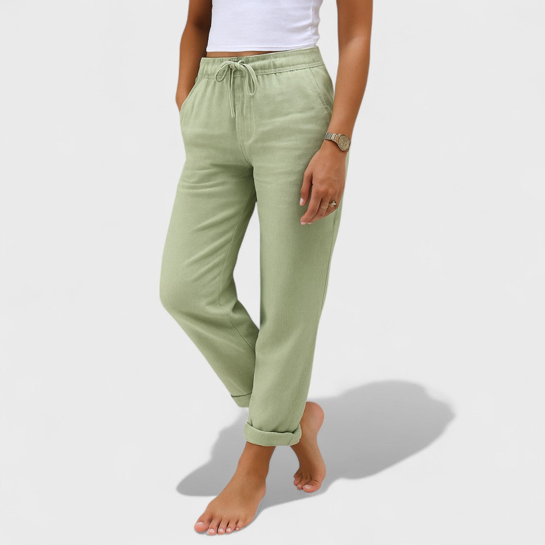 Klára - lněné Strečové Kalhoty Světle zelená