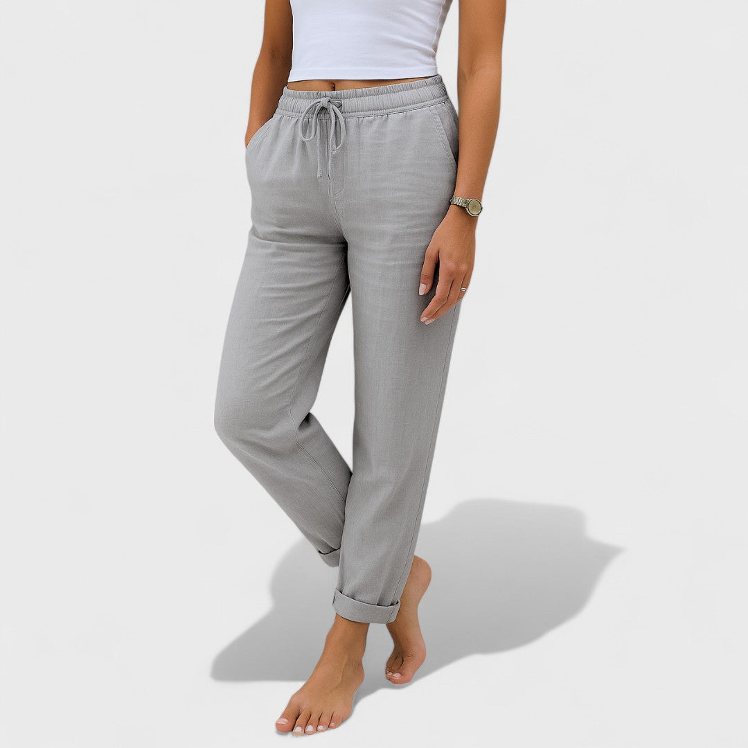 Klára - lněné Strečové Kalhoty Světle šedá