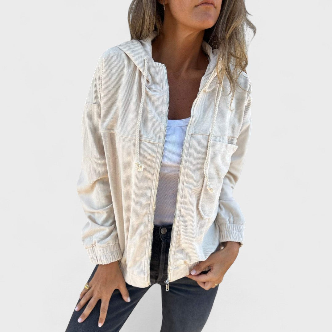 Veronika - Sametová bunda s kapucí a zipem Bílá