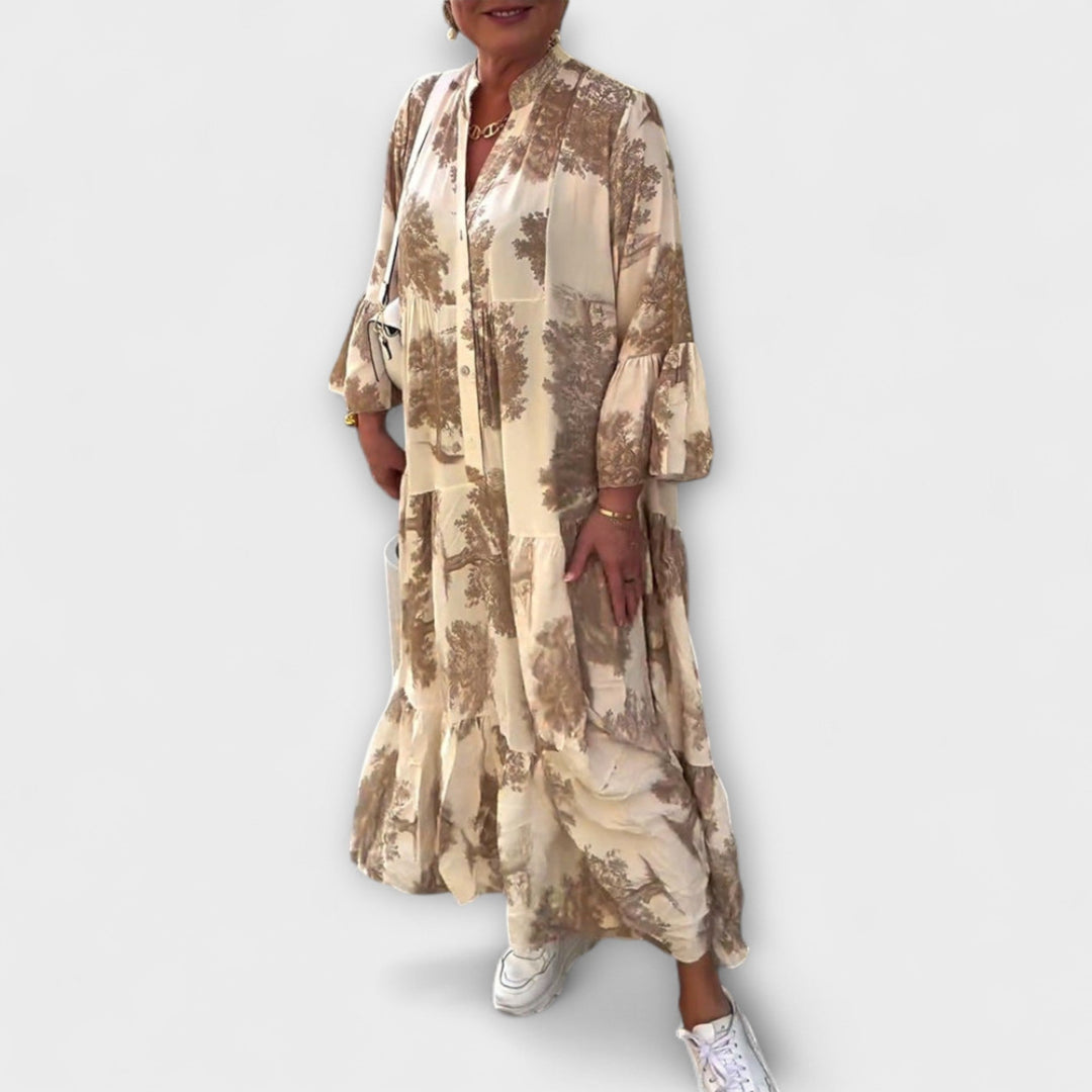 Nerina - Elegantní květinové maxi šaty Khaki