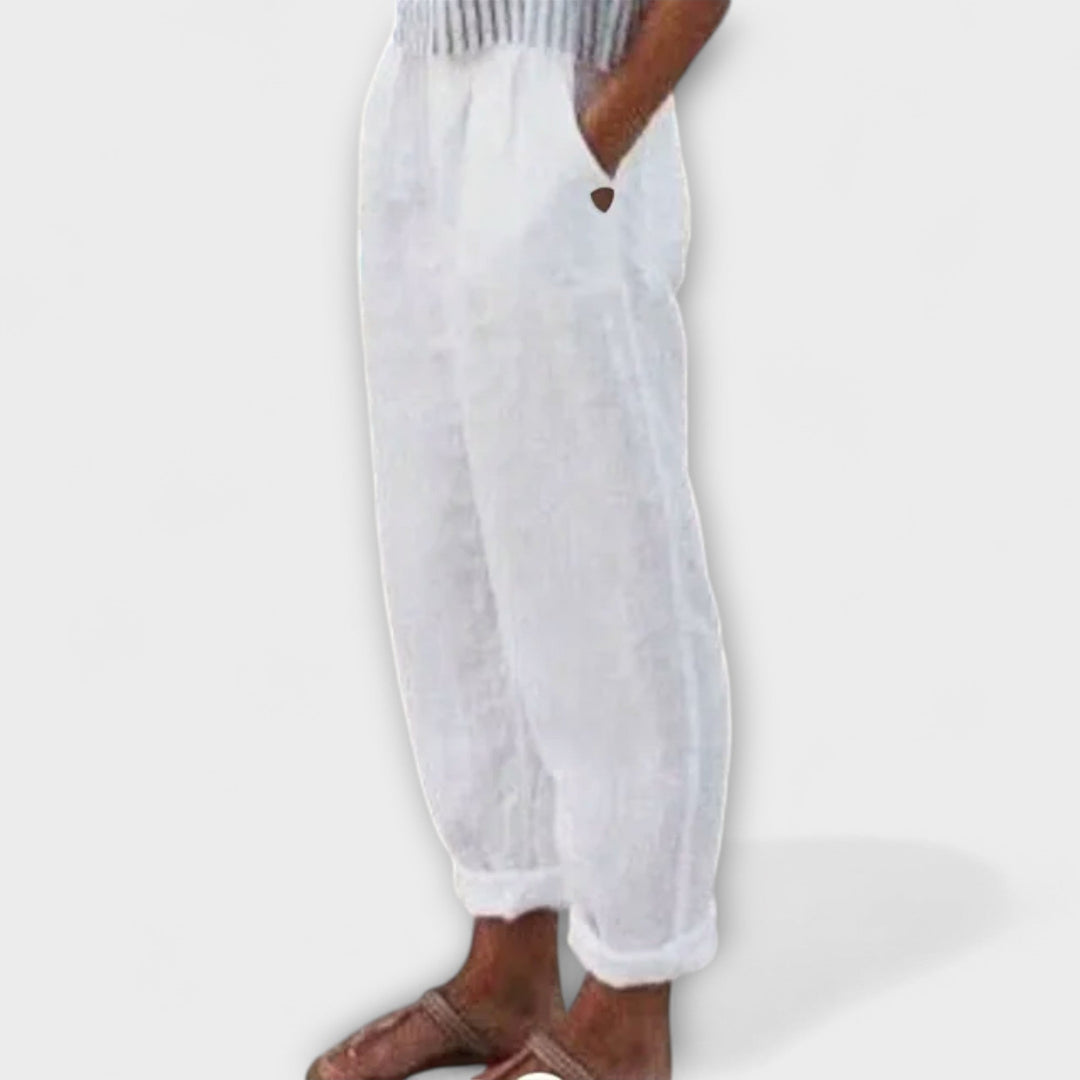 Clara - Kalhoty s měkkým pasem a bočními kapsami Bílá