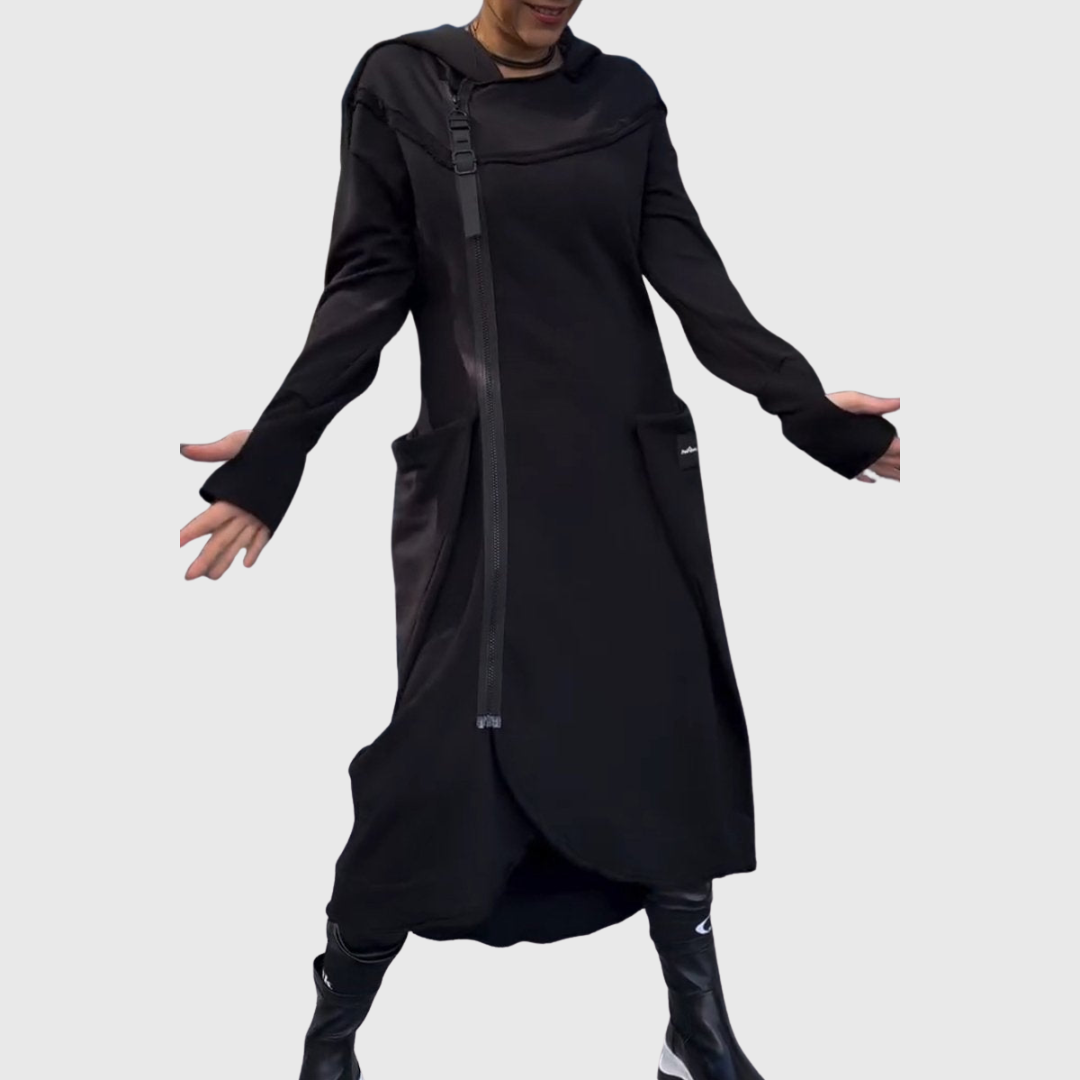 Adriana – Stylová asymetrická bunda s kapucí Černá