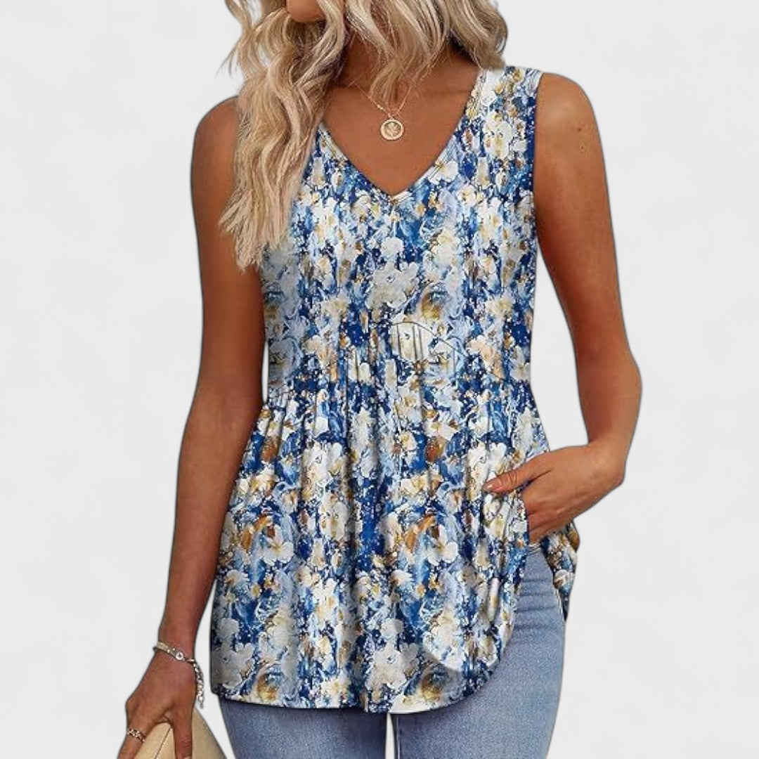 Elenor - Elegantní Casual Denní Top Žluté Modré Květiny