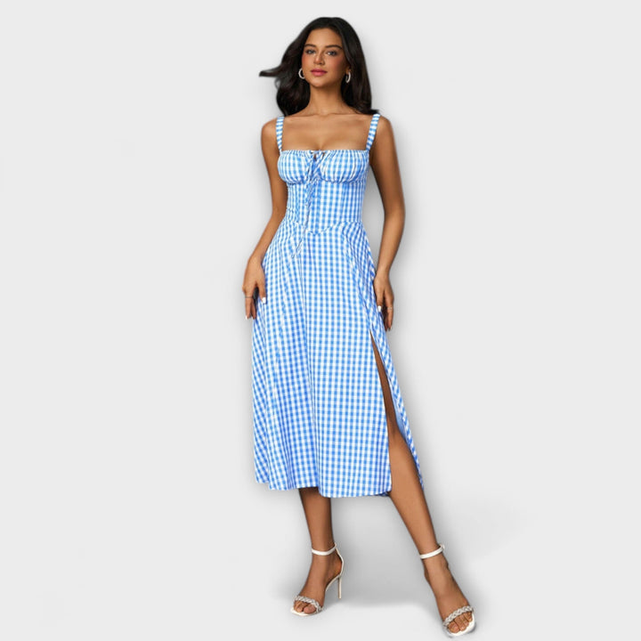 Naděje - Růžový top šaty s detailem rozparku Modrá kostkovaná