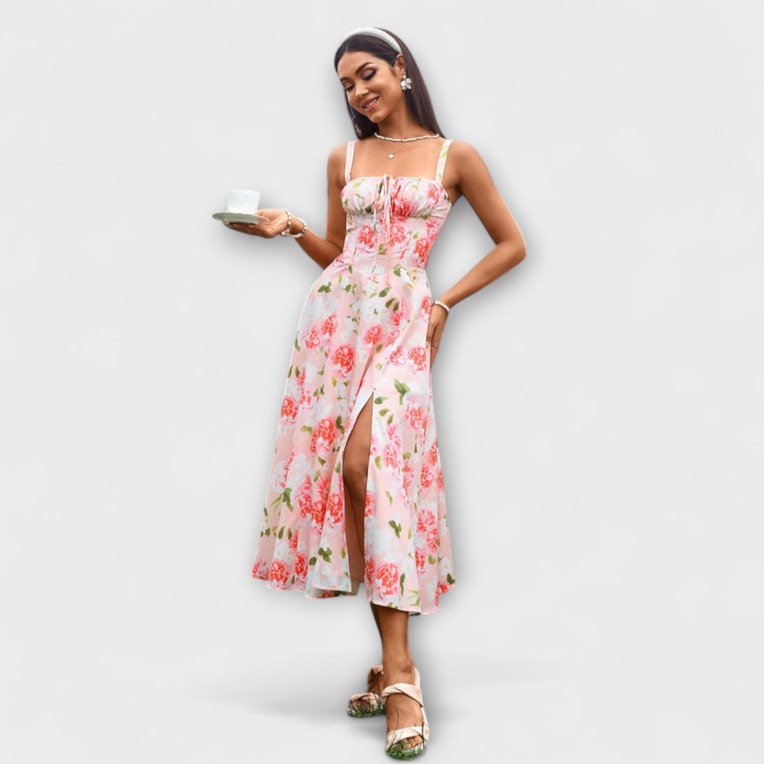 Naděje - Růžový top šaty s detailem rozparku Růžová květinová