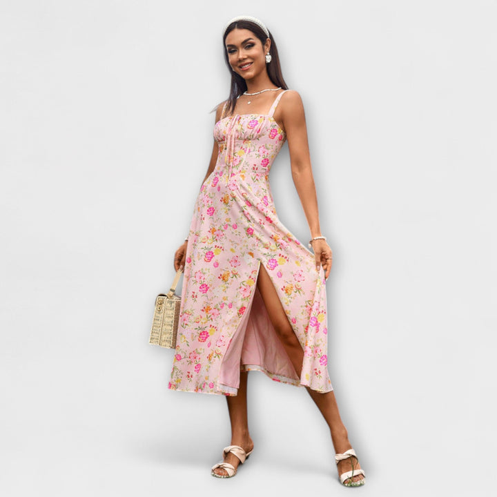 Naděje - Růžový top šaty s detailem rozparku Květinová